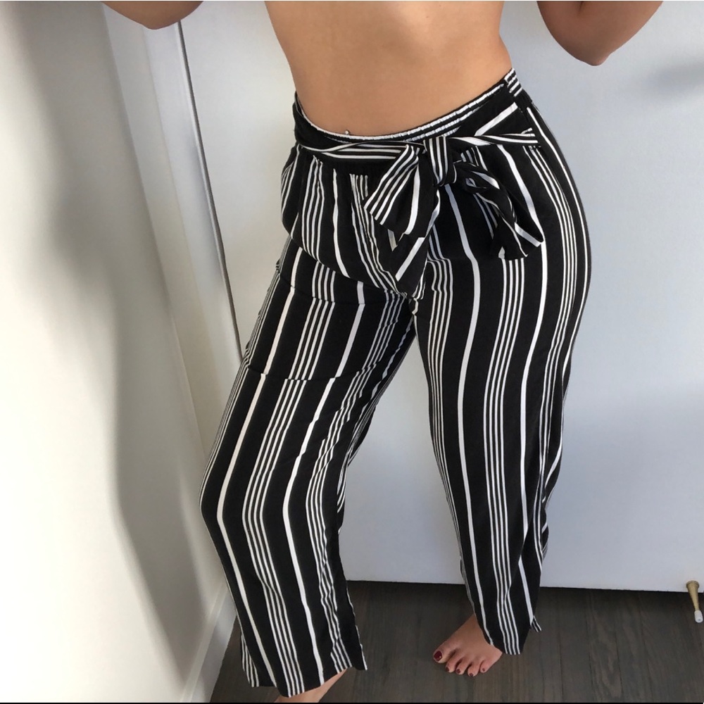 Straight legged Striped Pants with Ties